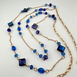Blue Iridescent Plastic Beads Double Gold Tone Chain Necklace Vintage Style 36"